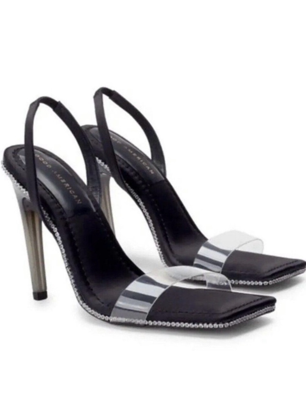 Good American Black Slingback Heels with Clear Strap